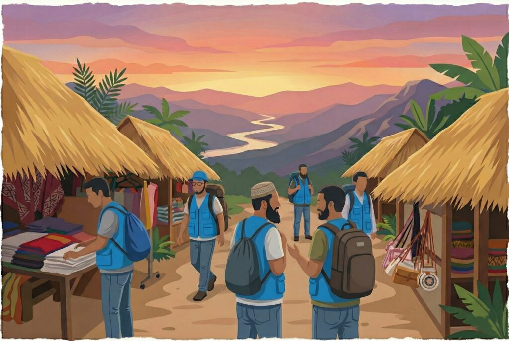 Illustration of a group of Muslim men in a village in Indonesia, with a mountain in the background, representing resilience, brotherhood, and community support