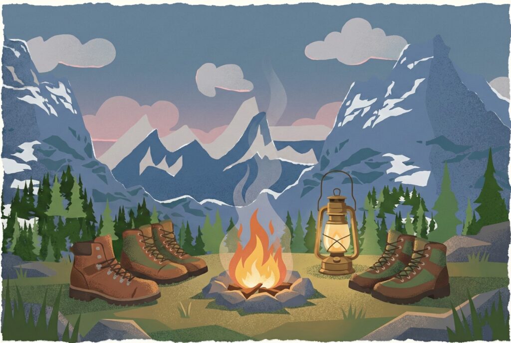 Three pairs of hiking boots around a campfire, illustrating in-person brotherhood meetups and outdoor activities. A vintage lantern and blue mountains complete the scene of community connection in nature.