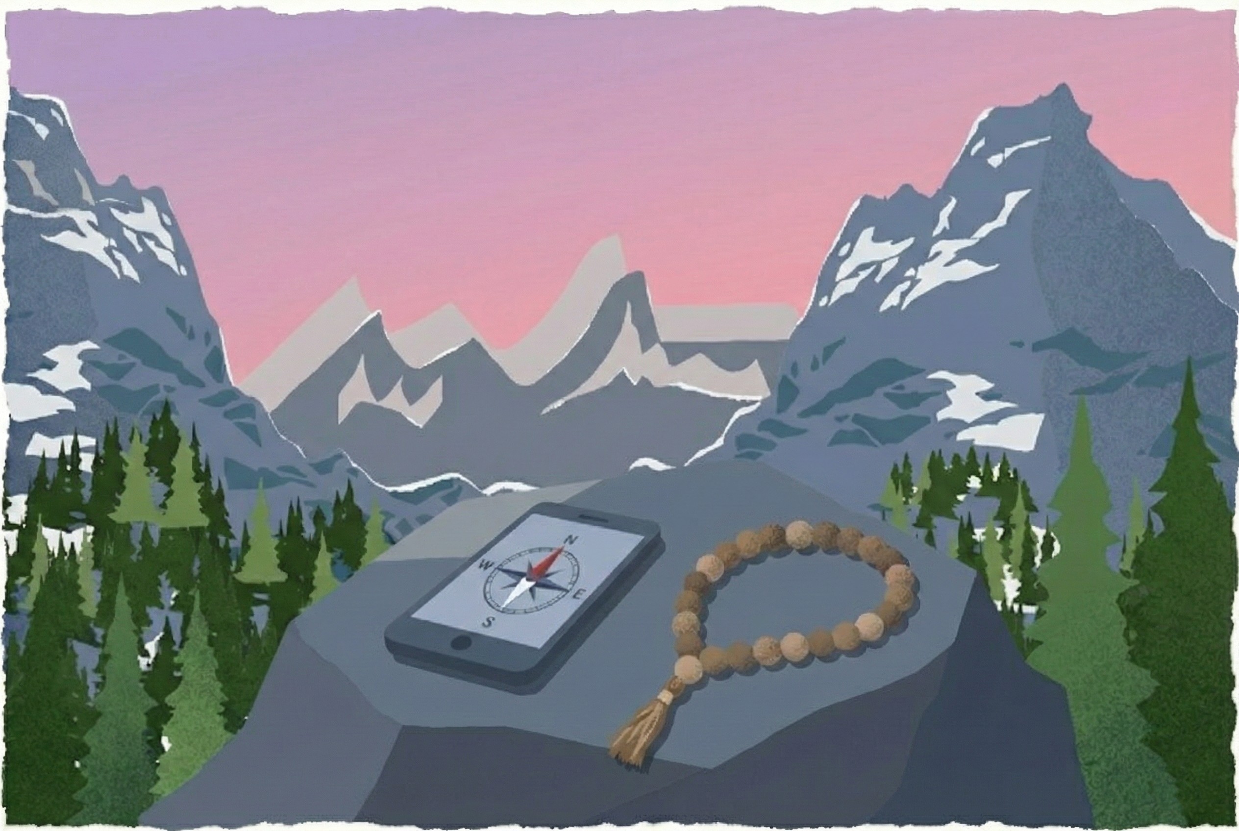 Smartphone displaying a digital compass next to wooden prayer beads (tasbih) on a rock. illustrates a digital Islamic community hub that provides daily reminders and direction for spiritual growth.