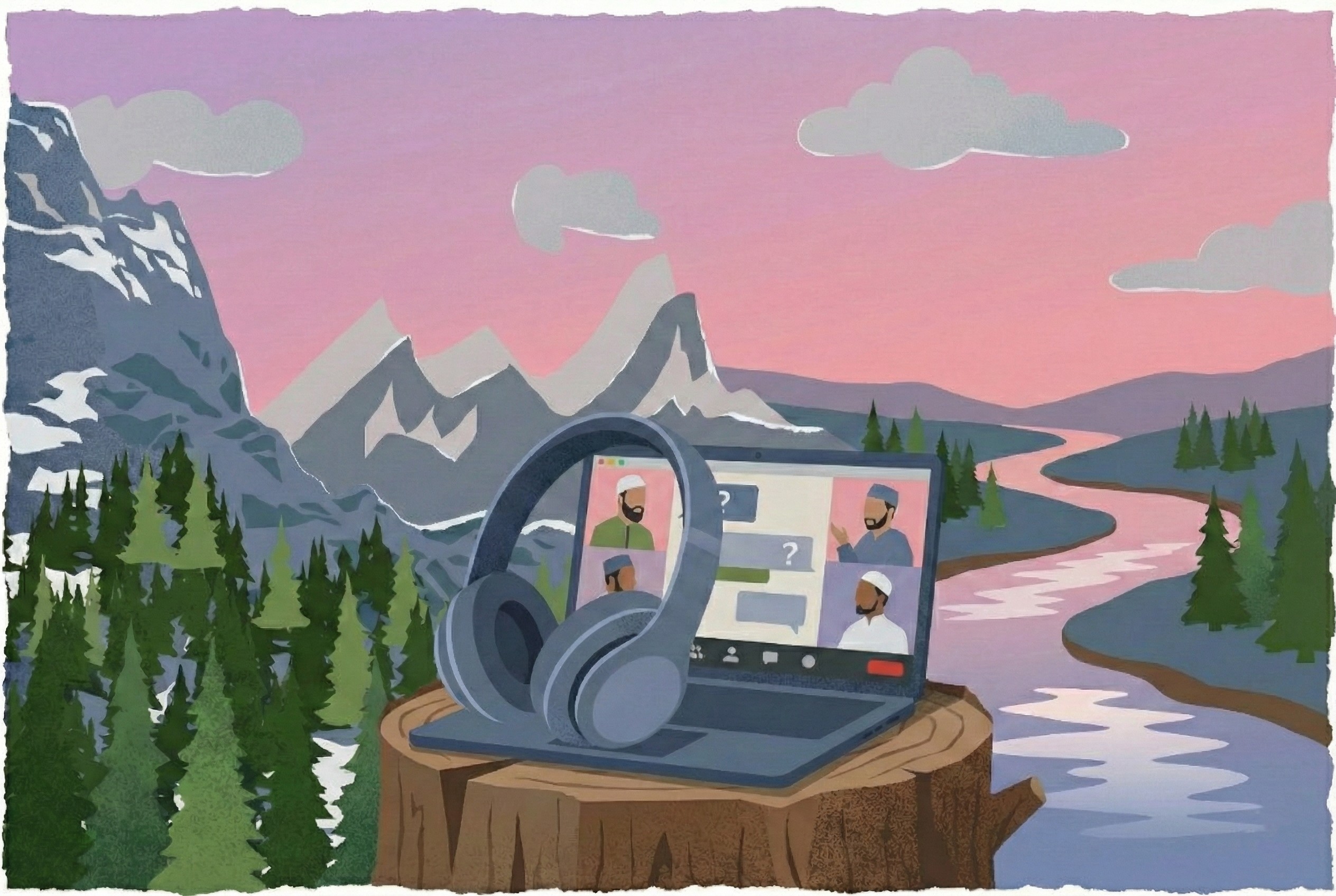 Laptop in a nature setting displaying a virtual community meetup. The screen shows a video call with four Muslim men engaging in open dialogue and playing interactive games, set against a background of mountains and pine trees.